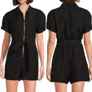 TANYA TAYLOR Short-Sleeve Belted Zip-Front Seam Pockets Romper Black Size Large